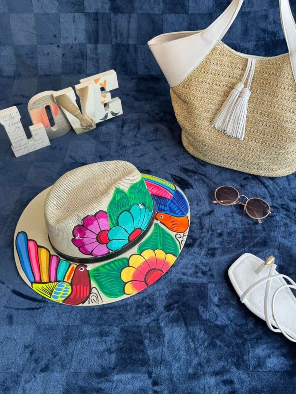 Mexican Hand Painted Jute Straw Hat Artisan Panama Fedora Hat Dove Birds Floral